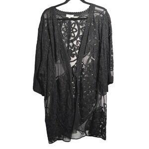 Umgee Black Floral Lace‎ Kimono Cardigan Womens L Boho Sheer Coverup Whimsigoth